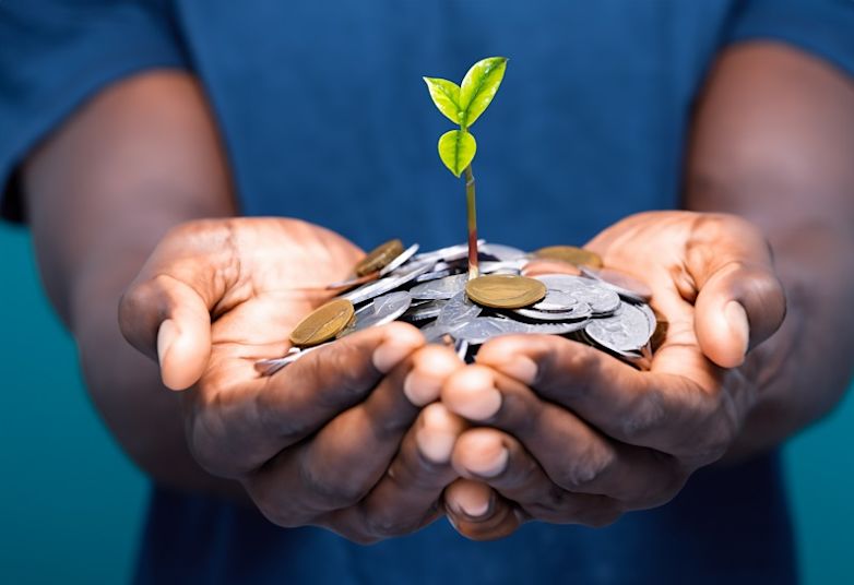 funding for app development shown by coins in hands with growing crops from it