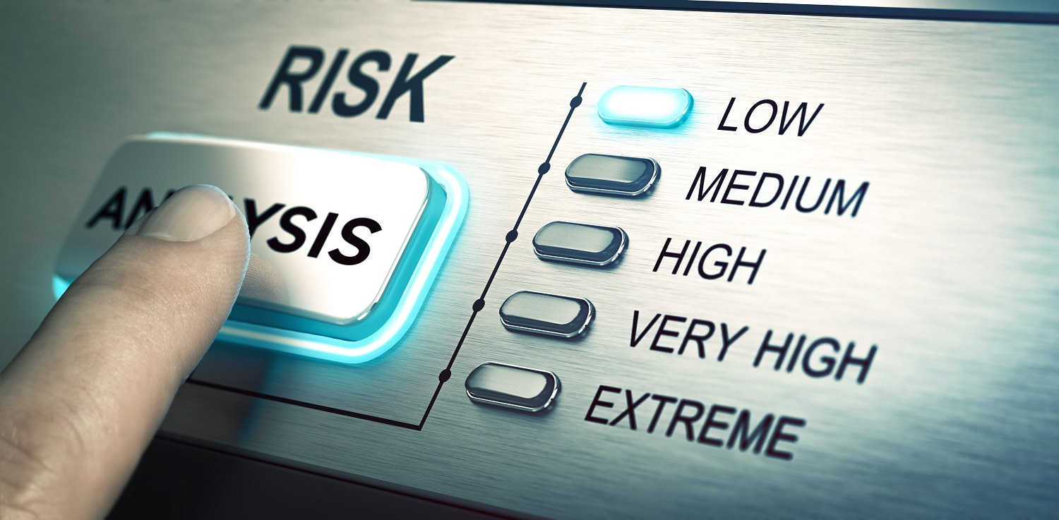 the finger that points to the button with the analysis label. button on the desk with the risk label above and risk levels described next to it.