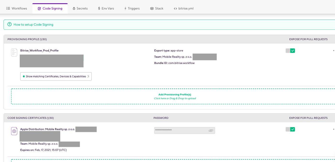 Green color means correct matching between uploaded profile and certificate. Otherwise, you will have an error and build won’t work
