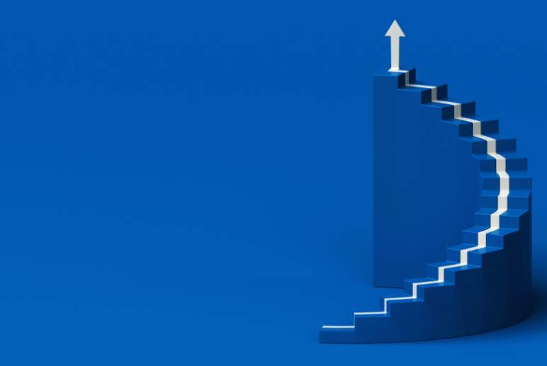 thumbnail of a white upward arrow on a blue staircase going up on a blue background