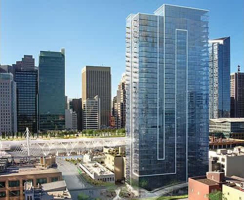 High-rise multifamily tower in downtown San Francisco with glass facade, built in a dense urban core to meet demand for luxury rental housing.
