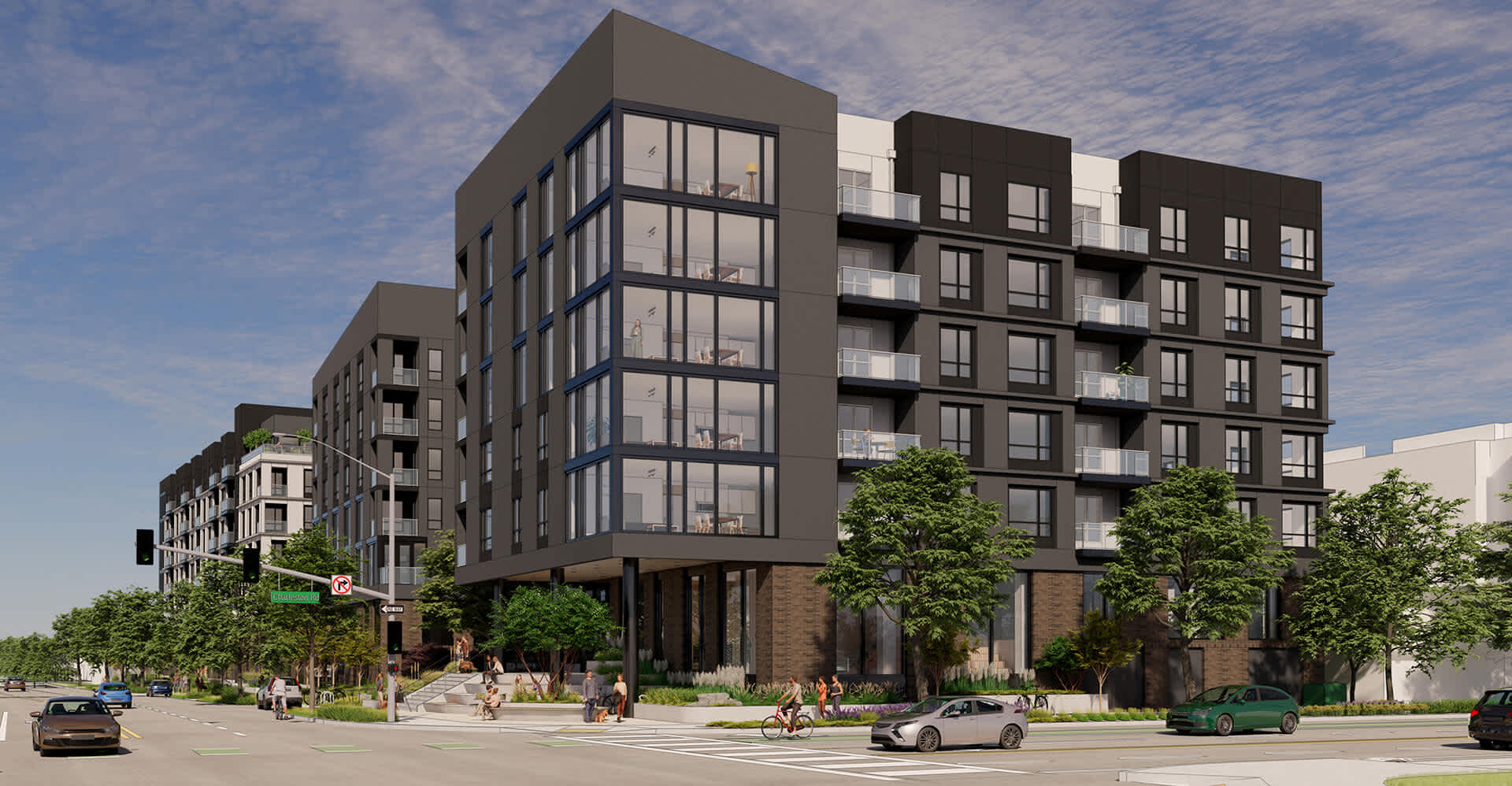Street-level view of Fabian Way apartments, a new housing development in a high-barrier city designed through a land development joint venture with a landowner-focused approach.