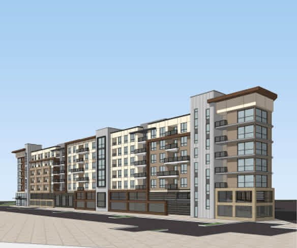 Rendering of a multifamily building in Salt Lake City, designed with modern materials to support high-density housing.