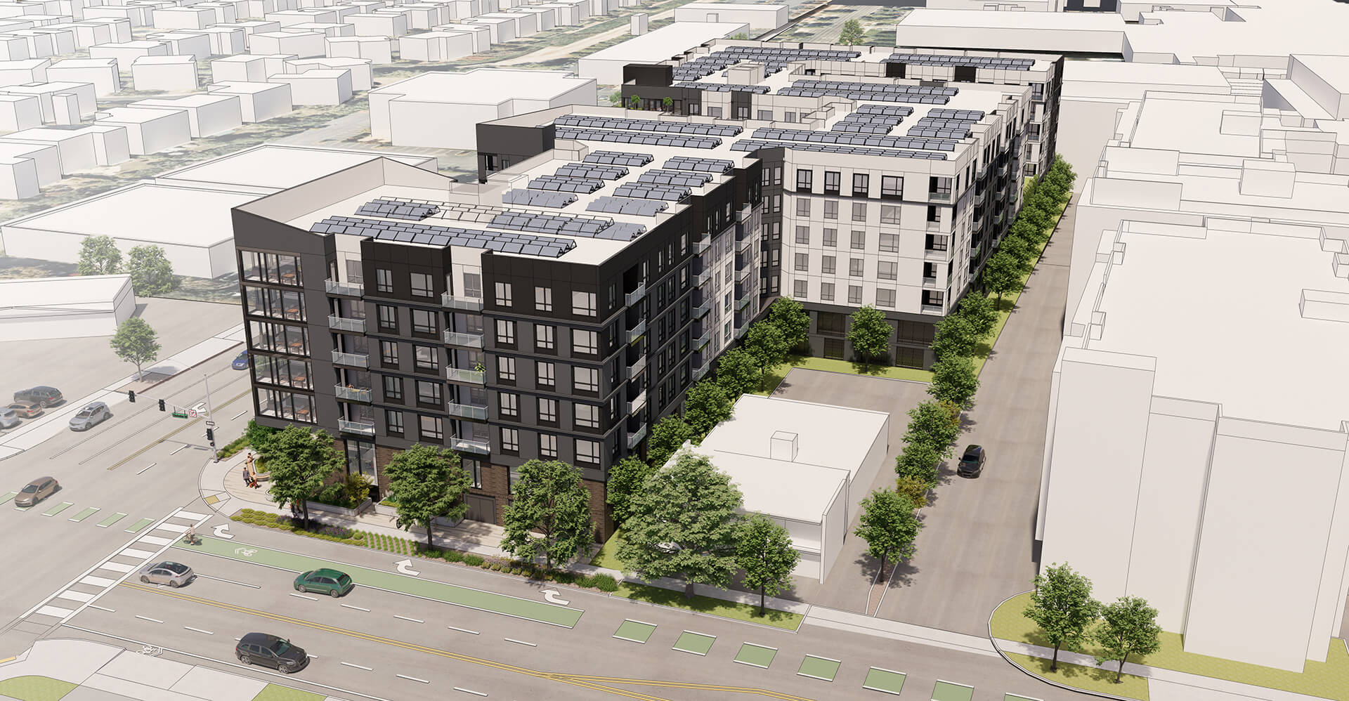 Aerial rendering of Fabian Way development site, demonstrating Juno Realty’s expertise in rezoning and environmental remediation for landowners.