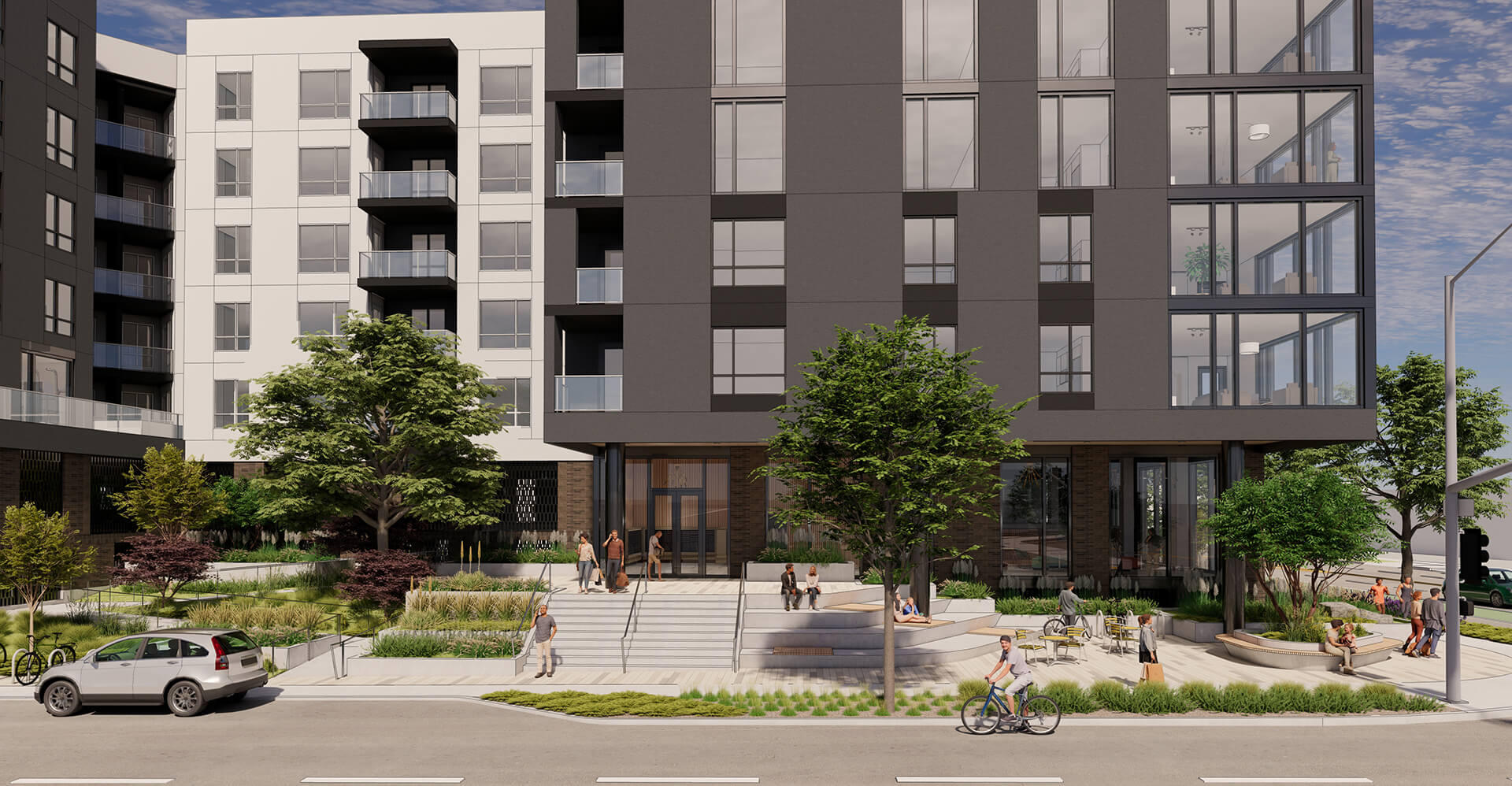 Close-up of Fabian Way main entrance and streetscape, showing how urban landowners can partner with a developer to navigate entitlement and zoning challenges.