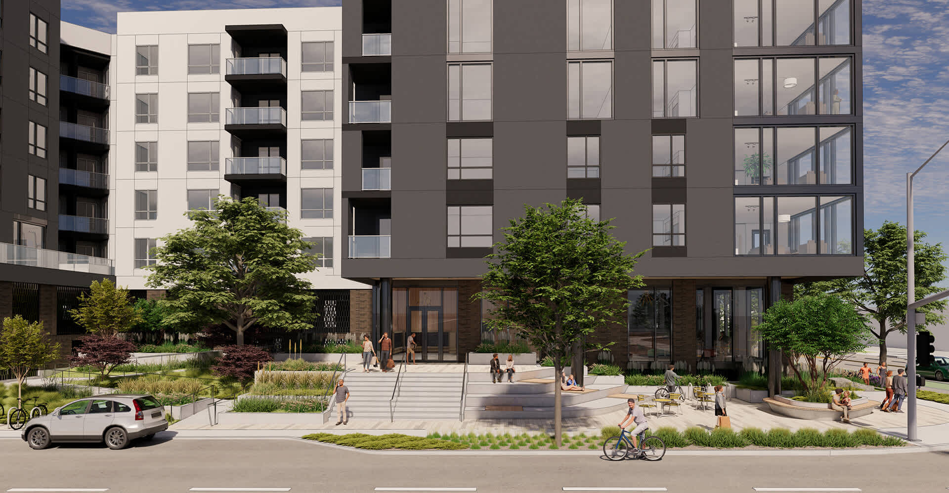 Close-up of Fabian Way main entrance and streetscape, showing how urban landowners can partner with a developer to navigate entitlement and zoning challenges.