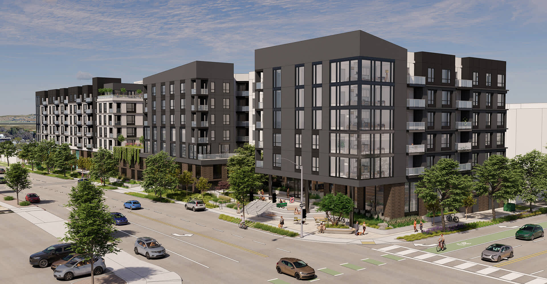 Rendering of Fabian Way residential development, showing luxury multifamily apartment complex design in Palo Alto, California, led by a estate development partner specializing in landowner collaboration.