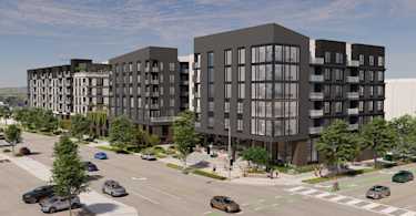 Rendering of Fabian Way residential development, showing luxury multifamily apartment complex design in Palo Alto, California, led by a estate development partner specializing in landowner collaboration.