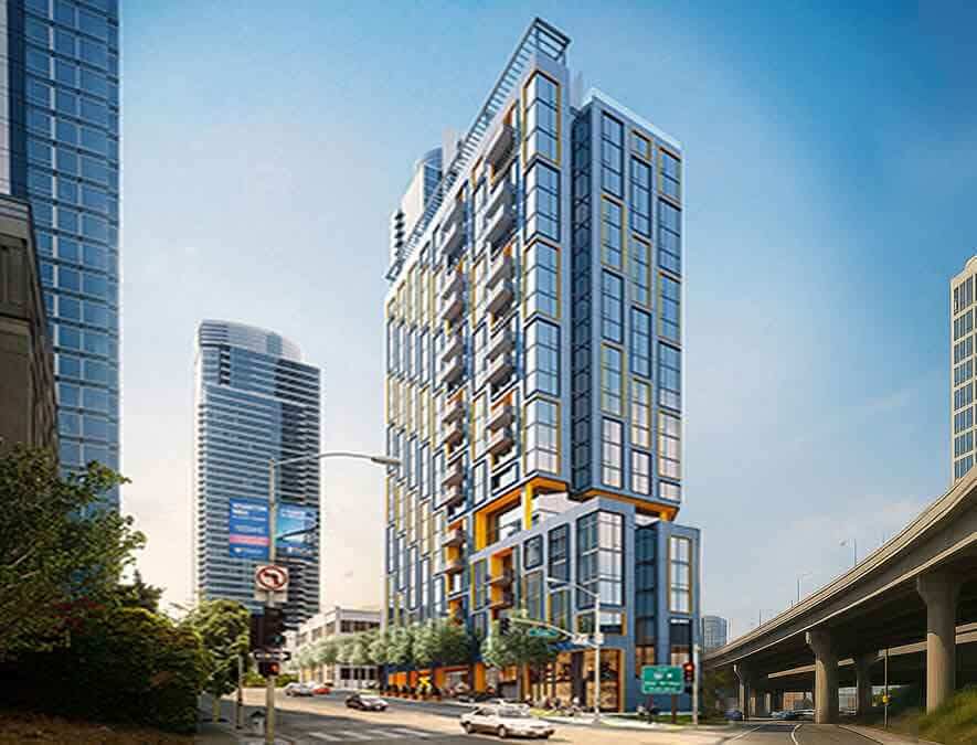 High-rise multifamily tower in the Bay Area near freeway access—entitled and built for urban renters seeking luxury living in a central location.