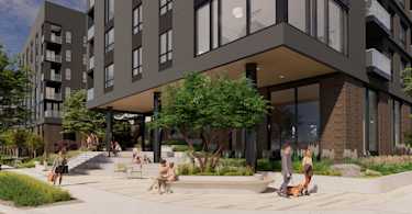 Ground-level view of Fabian Way multifamily project illustrating how to develop urban land with a partner and maximize value