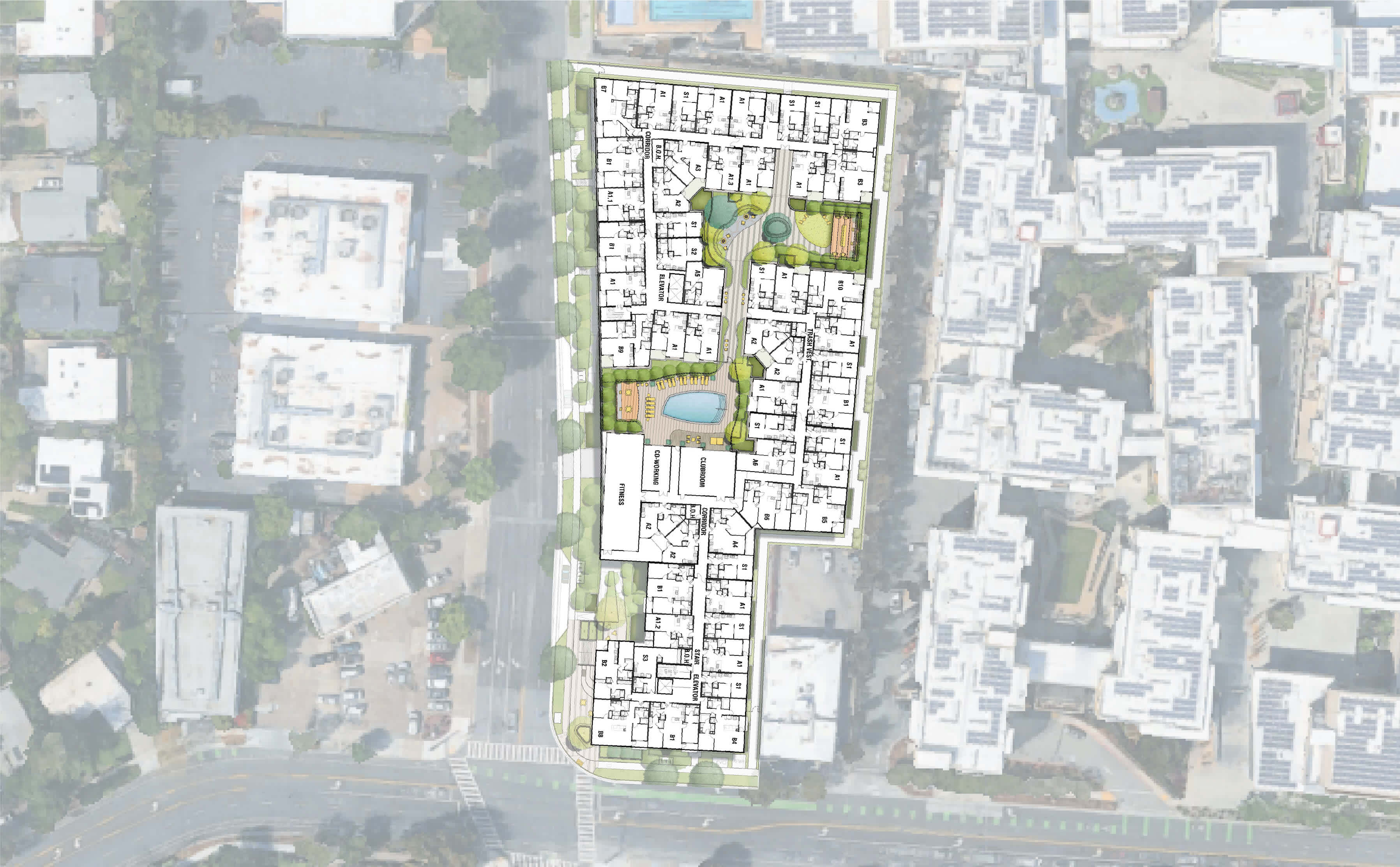 A top-down view showing a semi-transparent architectural floor plan of a residential building superimposed on an aerial photo. The white-and-green floor layout—with units arranged around two landscaped courtyards and a central pool area—sits over a city block bounded by streets and neighboring low-rise buildings. Trees line the site’s perimeter, and surrounding apartment complexes and parking lots are visible beneath the translucent plan.