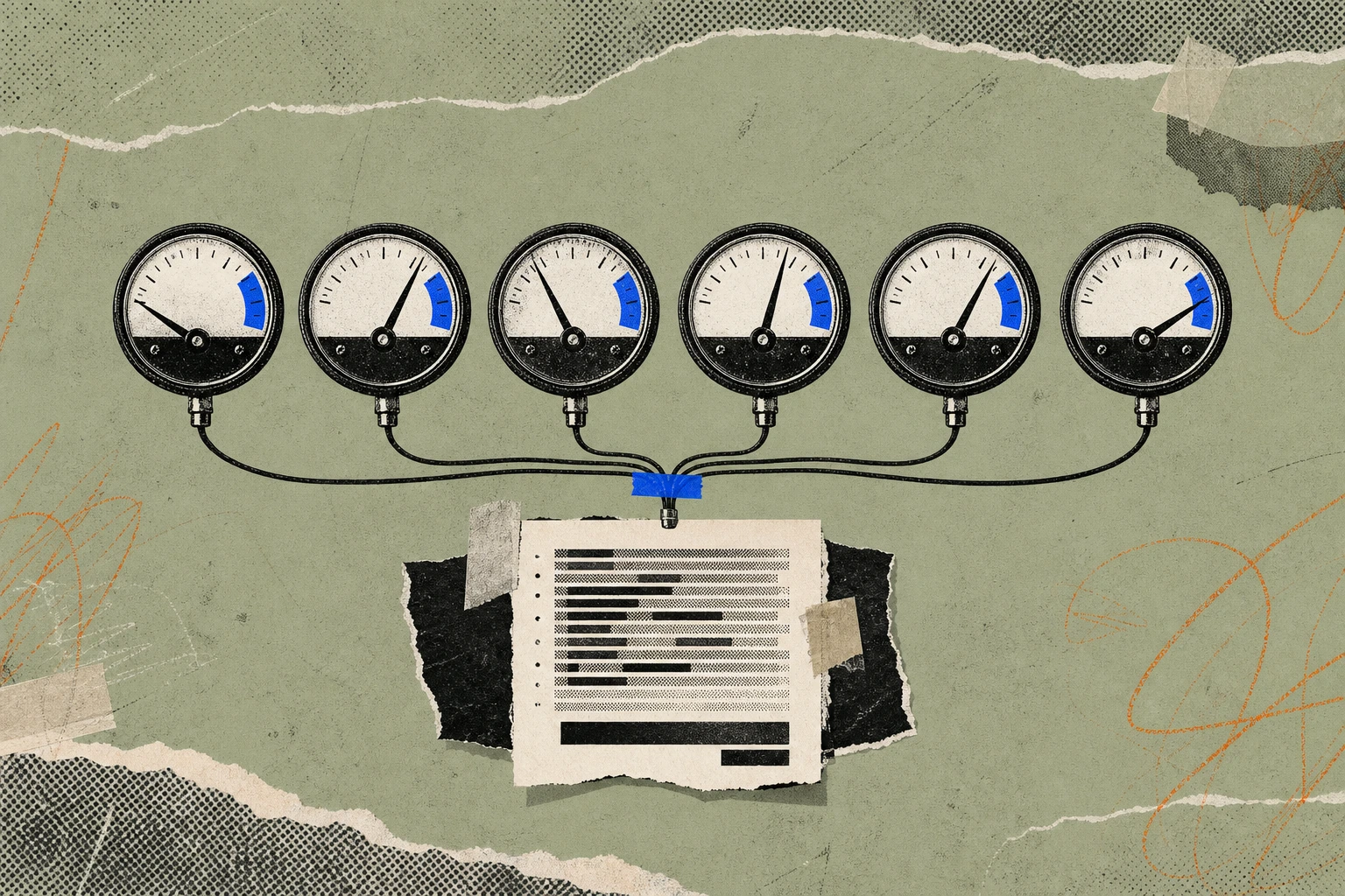 Six call-meter dials arranged in a tight row, each frozen at a different reading and wired by a single shared cable to one transcript page at the center , one conversation, six ways the meter runs.