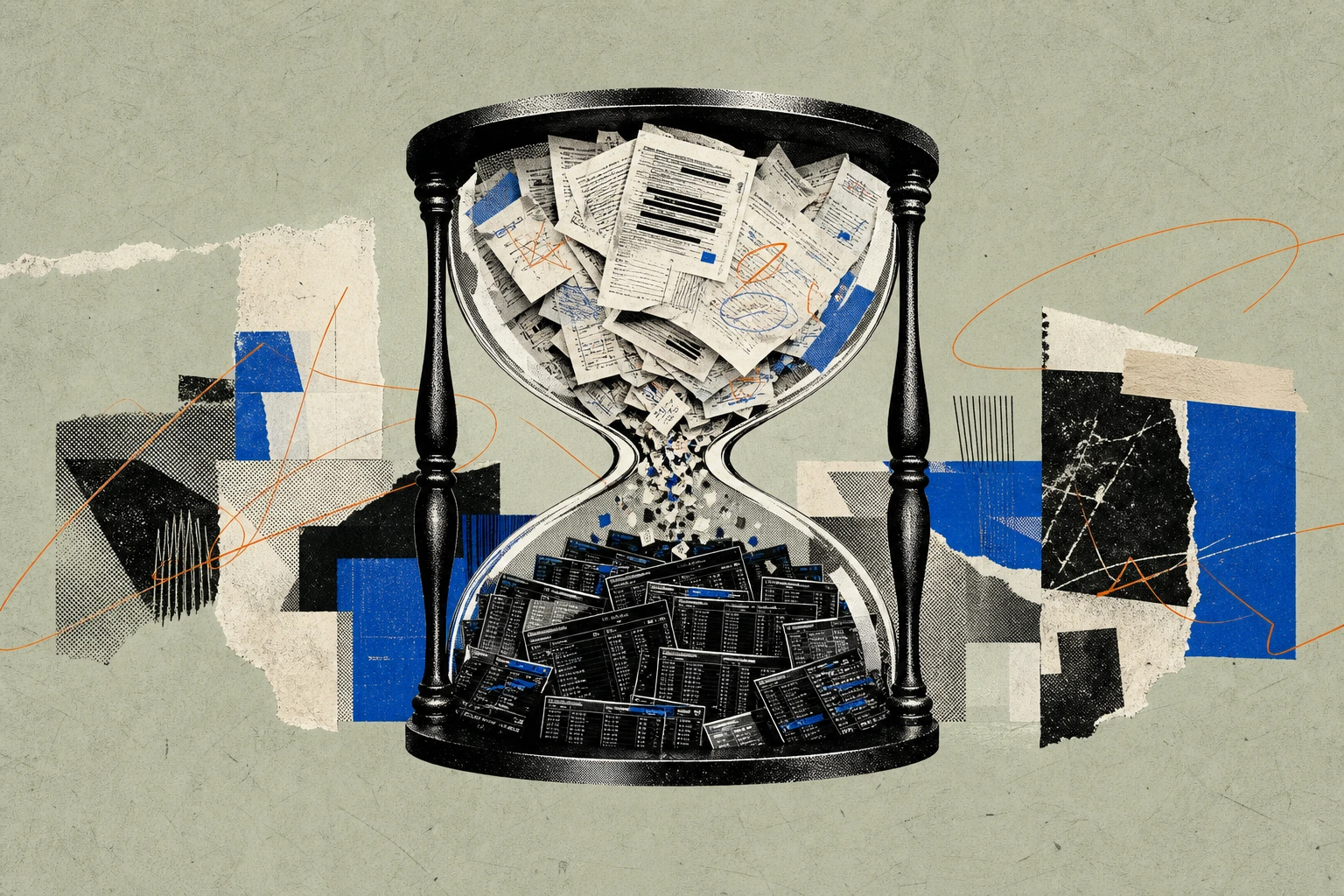 An oversized hourglass where the upper chamber is filled with dense transcript pages and marked-up analyst notes draining rapidly into the lower chamber ,  which is a Bloomberg-style terminal panel alr