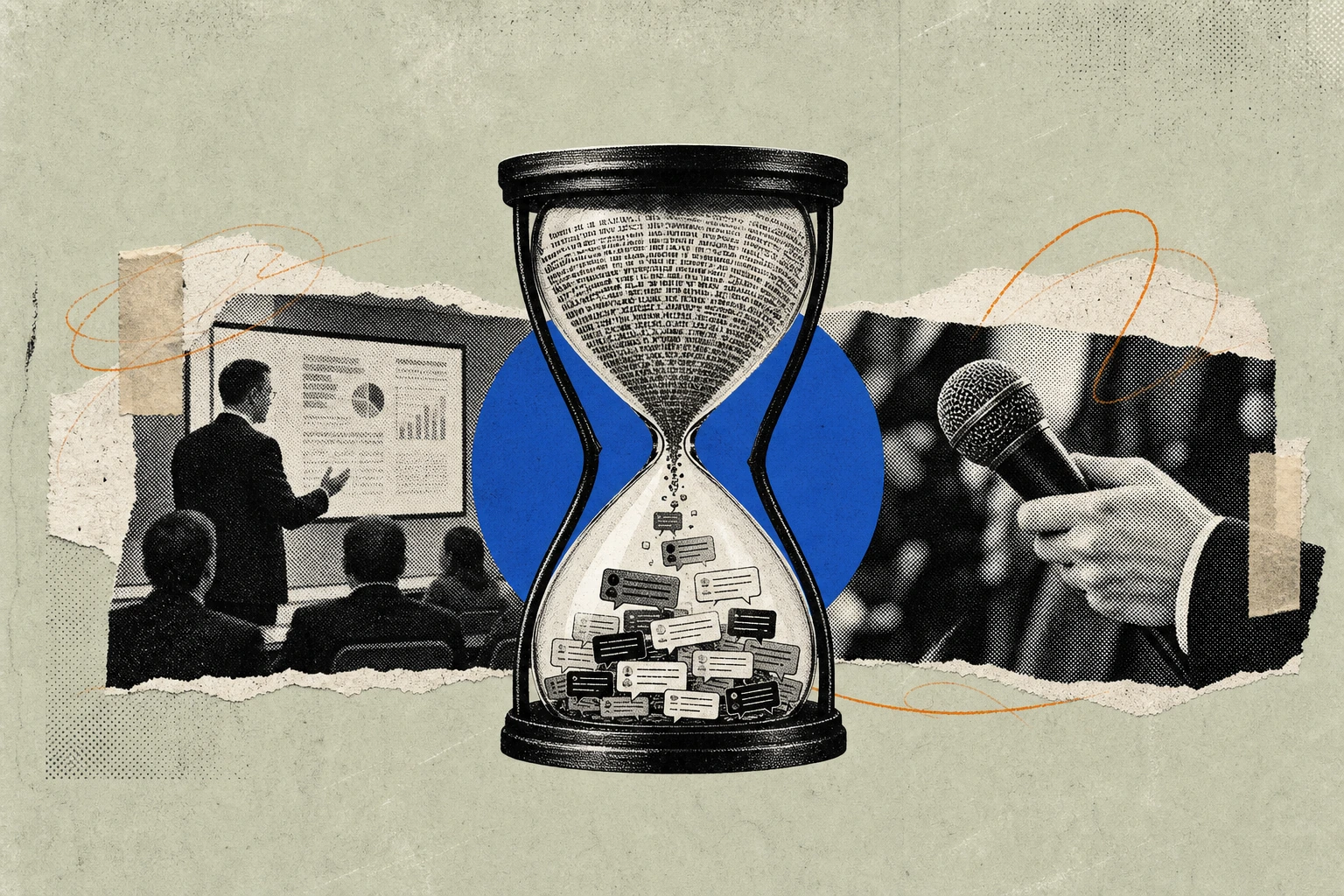 An hourglass whose upper chamber is filled with dense earnings-report text, the sand grains reshaping as they fall into the lower chamber as miniature interview-transcript Q&A snippets stamped with ti