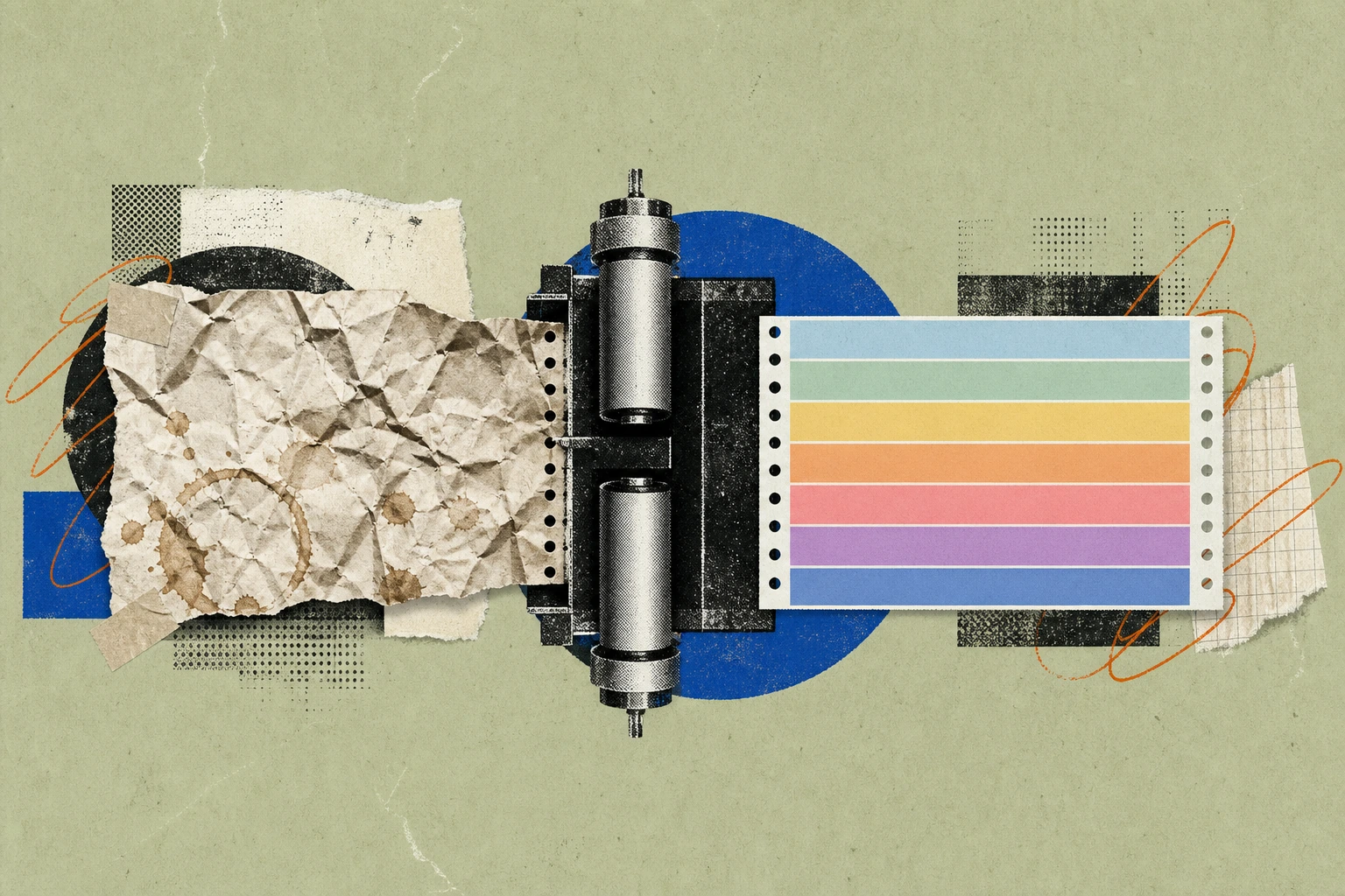 A crumpled, coffee-stained invoice on the left being fed through an unseen mechanism and emerging on the right as a crisp reconciled ledger strip, its line items highlighted in seven distinct color ba