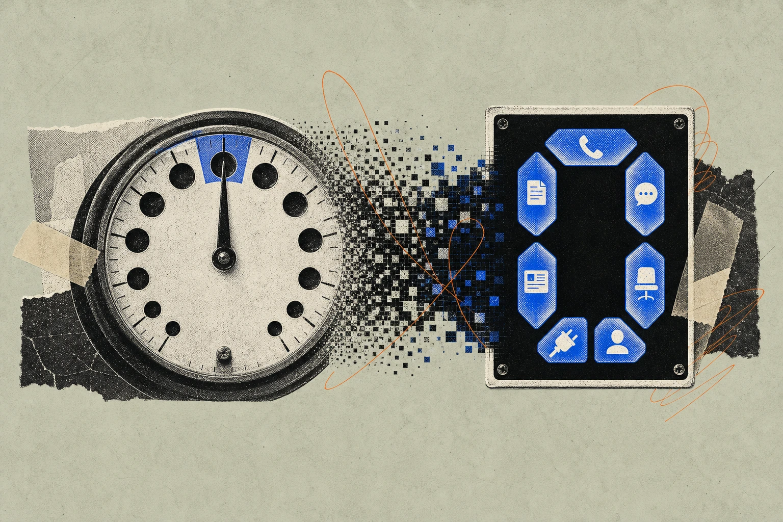 An old rotary call-meter dial on the left, its single needle pinned to "1 HOUR," transforming across the frame into a seven-segment terminal panel on the right where each segment glows with a differen