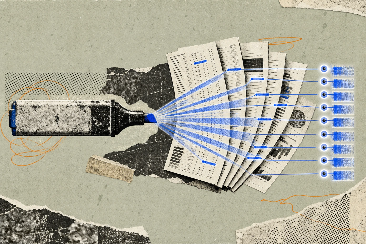 A worn analyst's highlighter laid horizontally, its felt tip dissolving into a fan of precise scanning beams that sweep across a fanned-out spread of financial statement pages, each beam pulling a sin