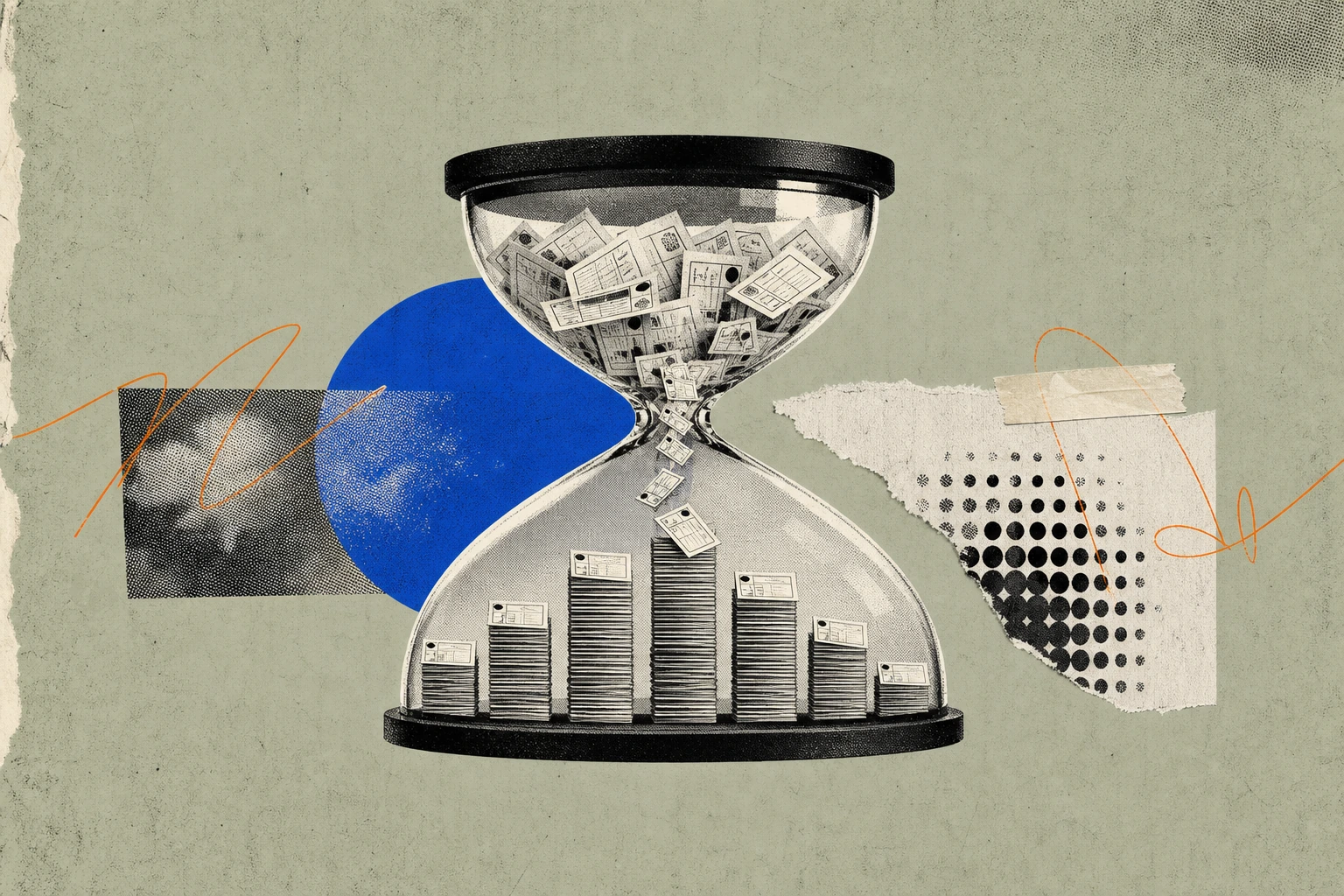 A large glass hourglass filled not with sand but with expert-call billing chits, the chits funneling through the narrow neck and re-sorting themselves in the lower chamber into seven neatly stacked co
