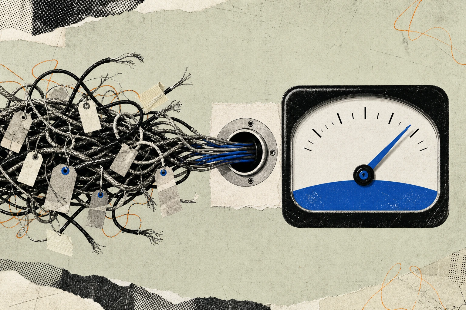 A tangled bundle of frayed citation cables and dangling footnote tags being drawn cleanly into one polished integration port on a dashboard meter, the disorder resolving into a single steady needle re