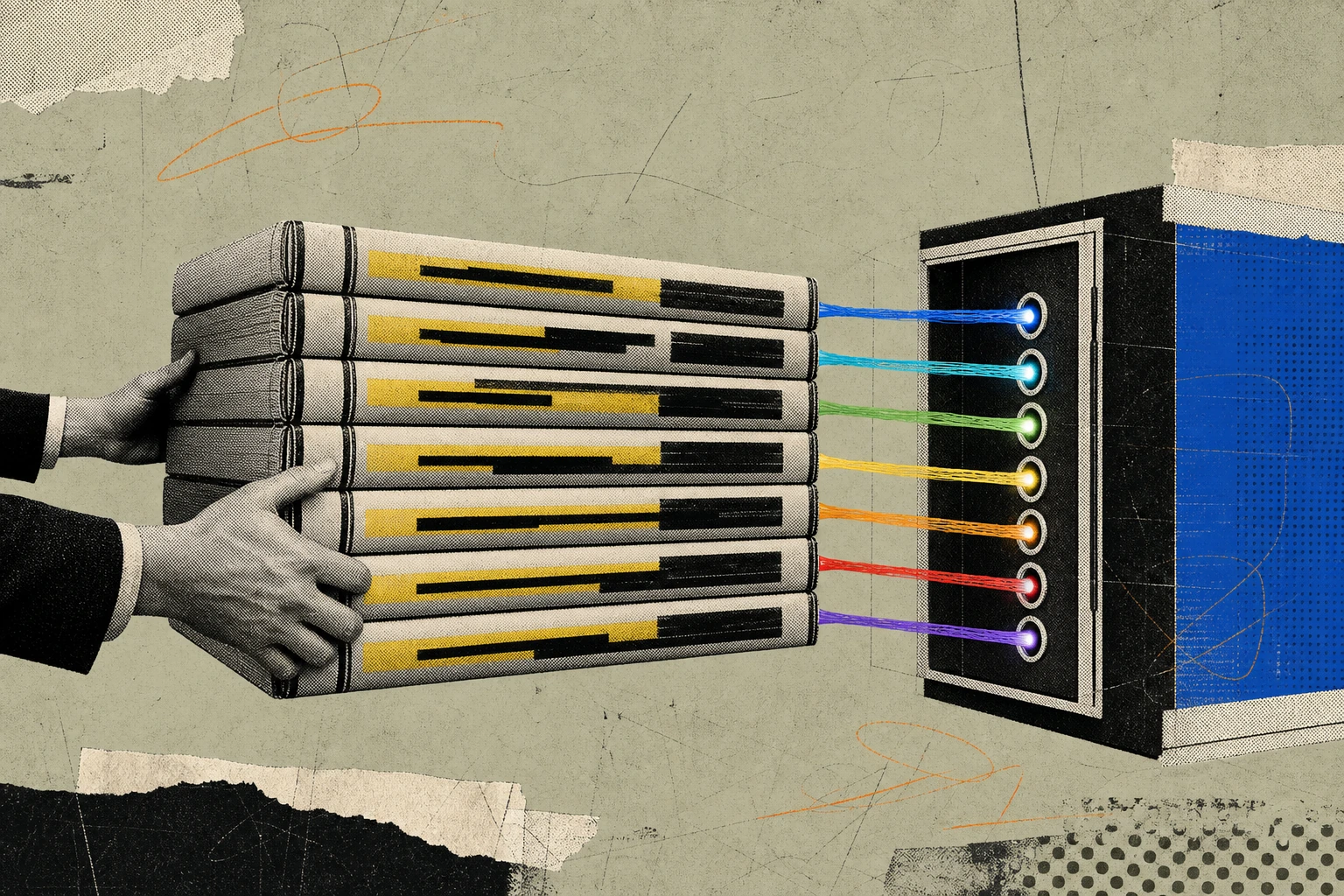 A tall archival stack of bound transcript volumes, the spines striped with yellow highlighter and black redaction bars, being pulled sideways through seven parallel intake ports on a glowing terminal