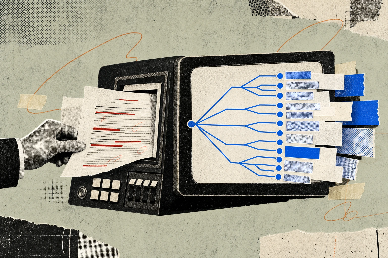 A banker's red-pen-marked memo page being threaded, line by line, through the input slot of a dashboard terminal panel ,  the highlighted passages emerging on the screen as a branching tree of sub-quer