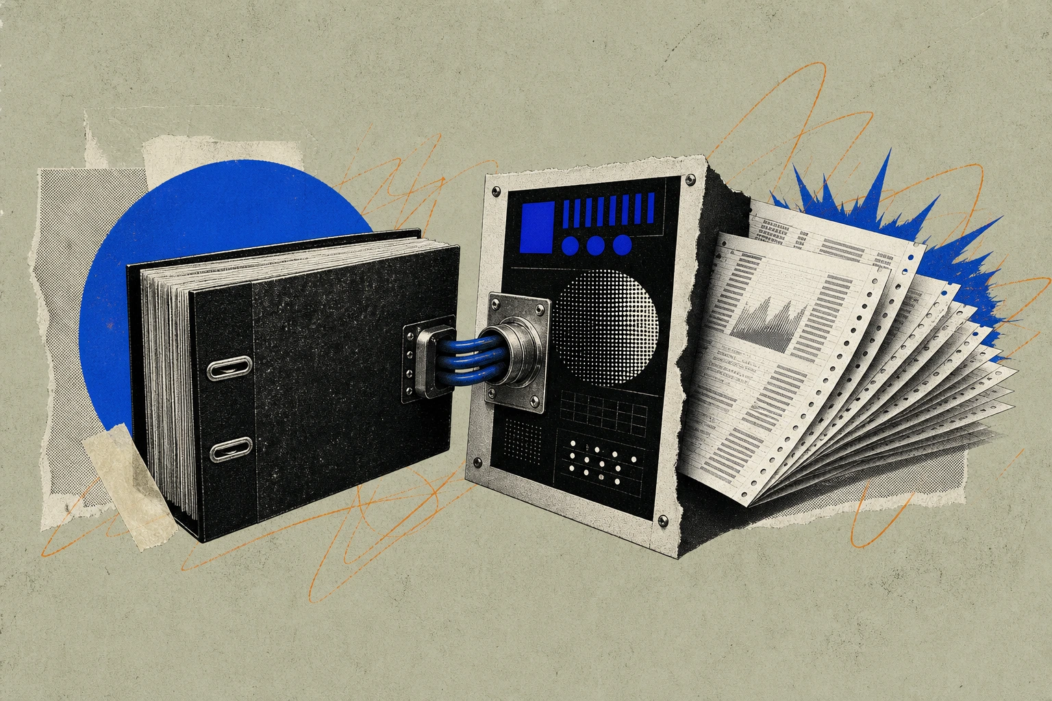 A heavy institutional-finance research binder, its spine wired directly into a standardized integration port on the side of an AI terminal panel, the binder's pages fanning out as fresh transcript she