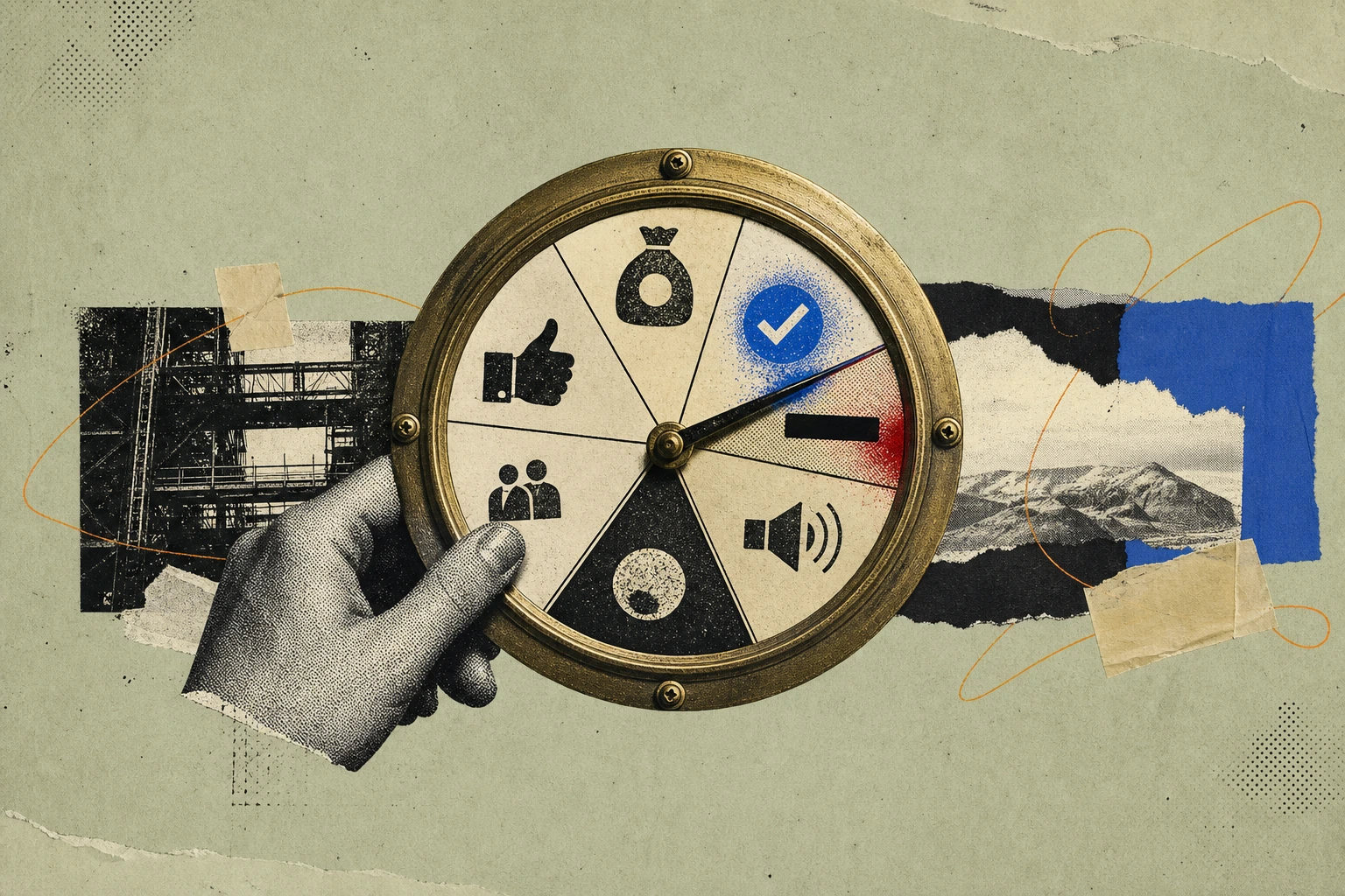 A brass call-meter dial with its face divided into seven unequal wedges, each wedge marked with a different threshold stamp (dollar, volume, engagement-type), the needle mid-swing across the boundary