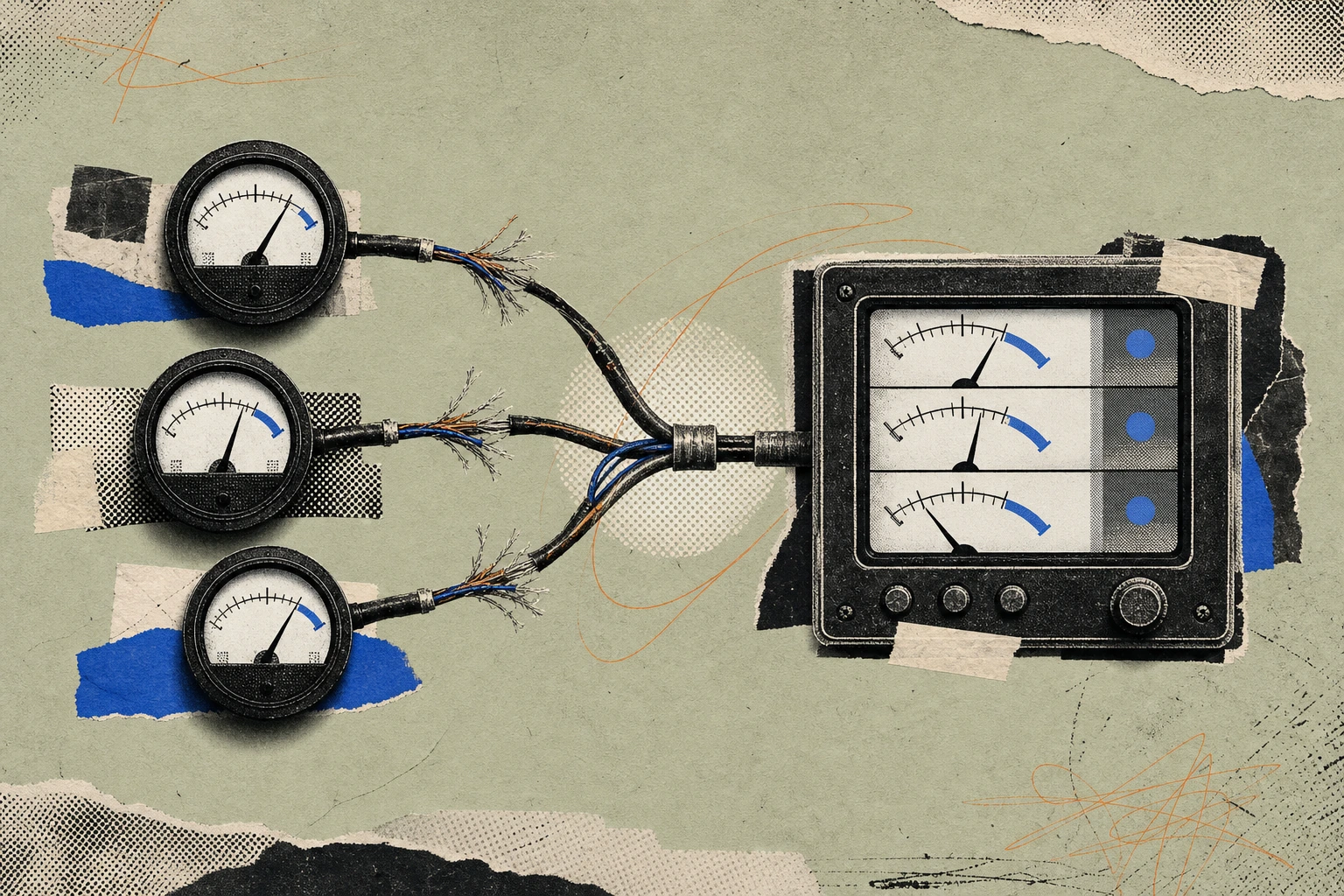 Three distinct call-meter dials, each wired to its own frayed cable, merging mid-air into one unified terminal panel whose screen displays all three readouts stacked on a single dashboard.
