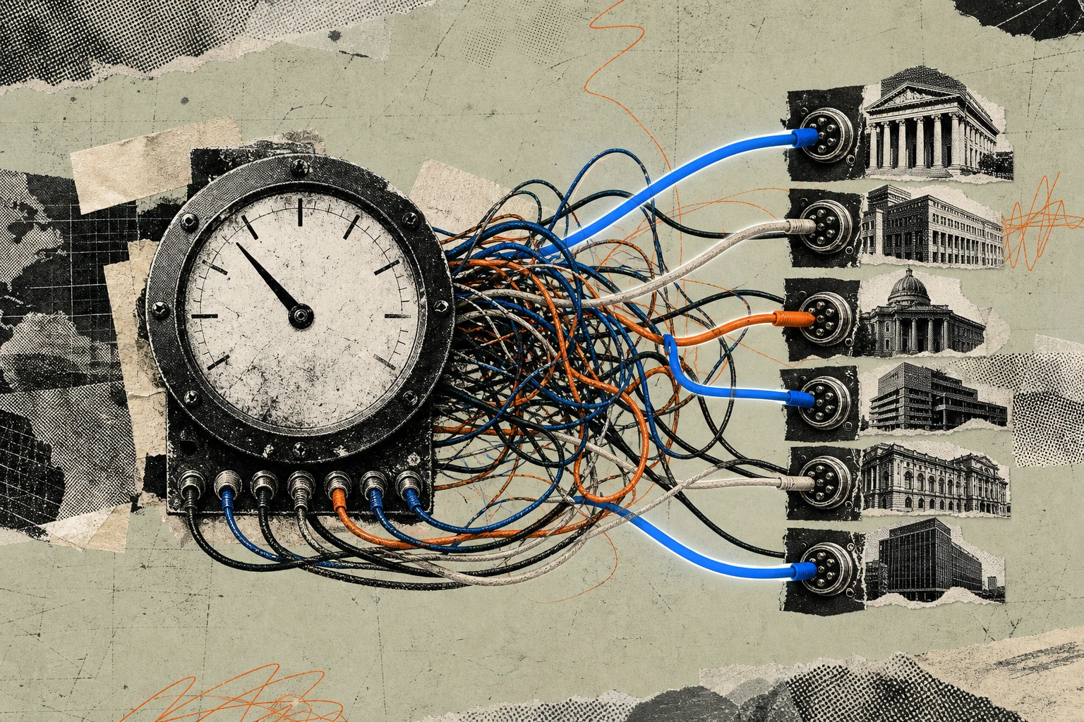 A worn call-meter dial labeled "1 HOUR" wired into a dense tangle of multicolored banking cables, each cable terminating in a different foreign payout port, with the thickest, straightest cables glowi