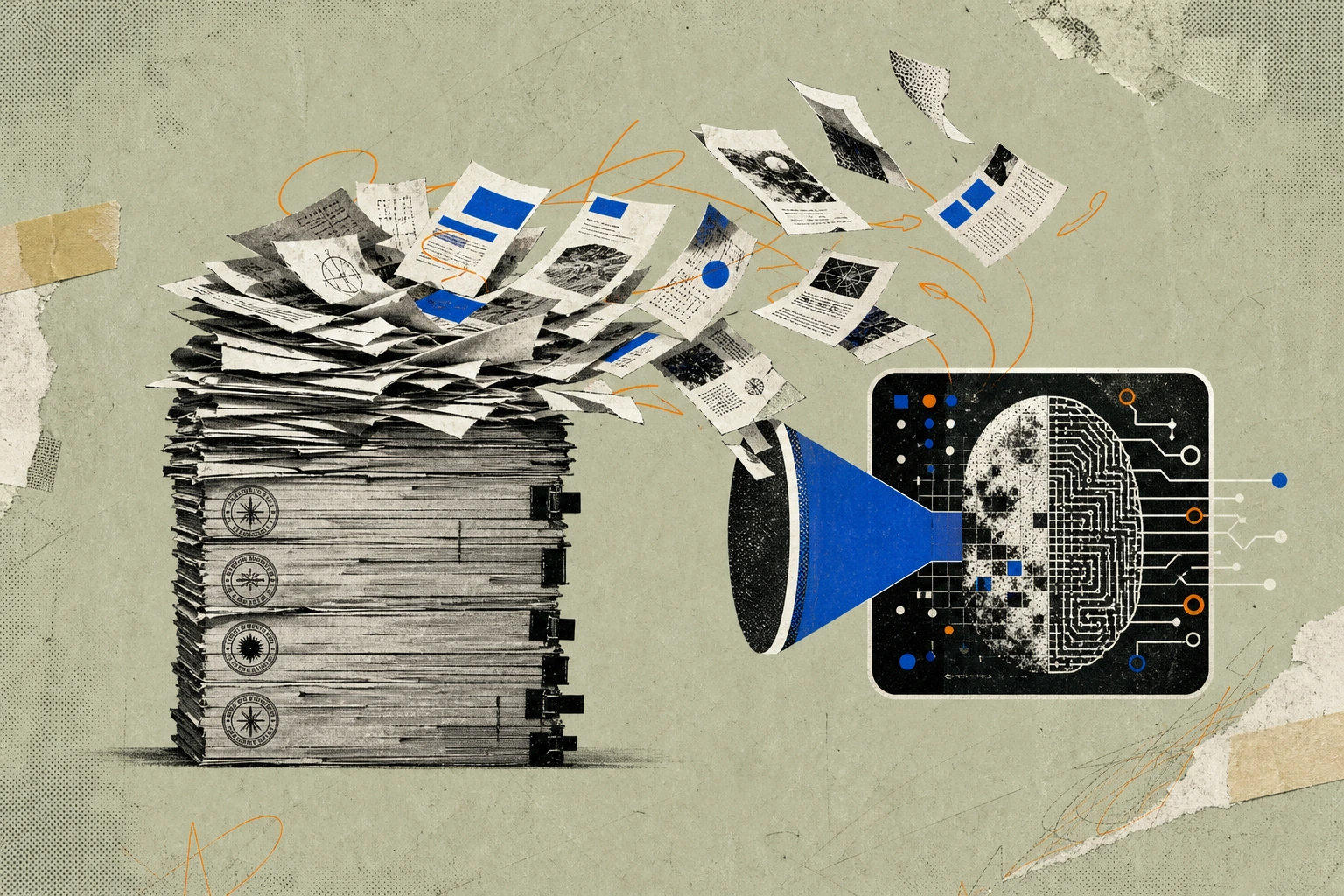 A tall stack of question-list memos and background briefs, the bottom half rigid and stamped with compliance seals, the top half fraying upward into loose annotated pages being swept into the intake f