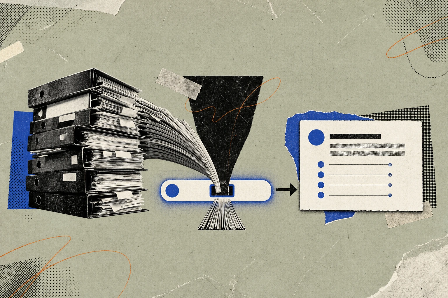 A tall archival stack of expert-call transcript binders being funneled downward into the narrow slot of a single glowing terminal search bar, the compressed pages emerging on the other side as one cri