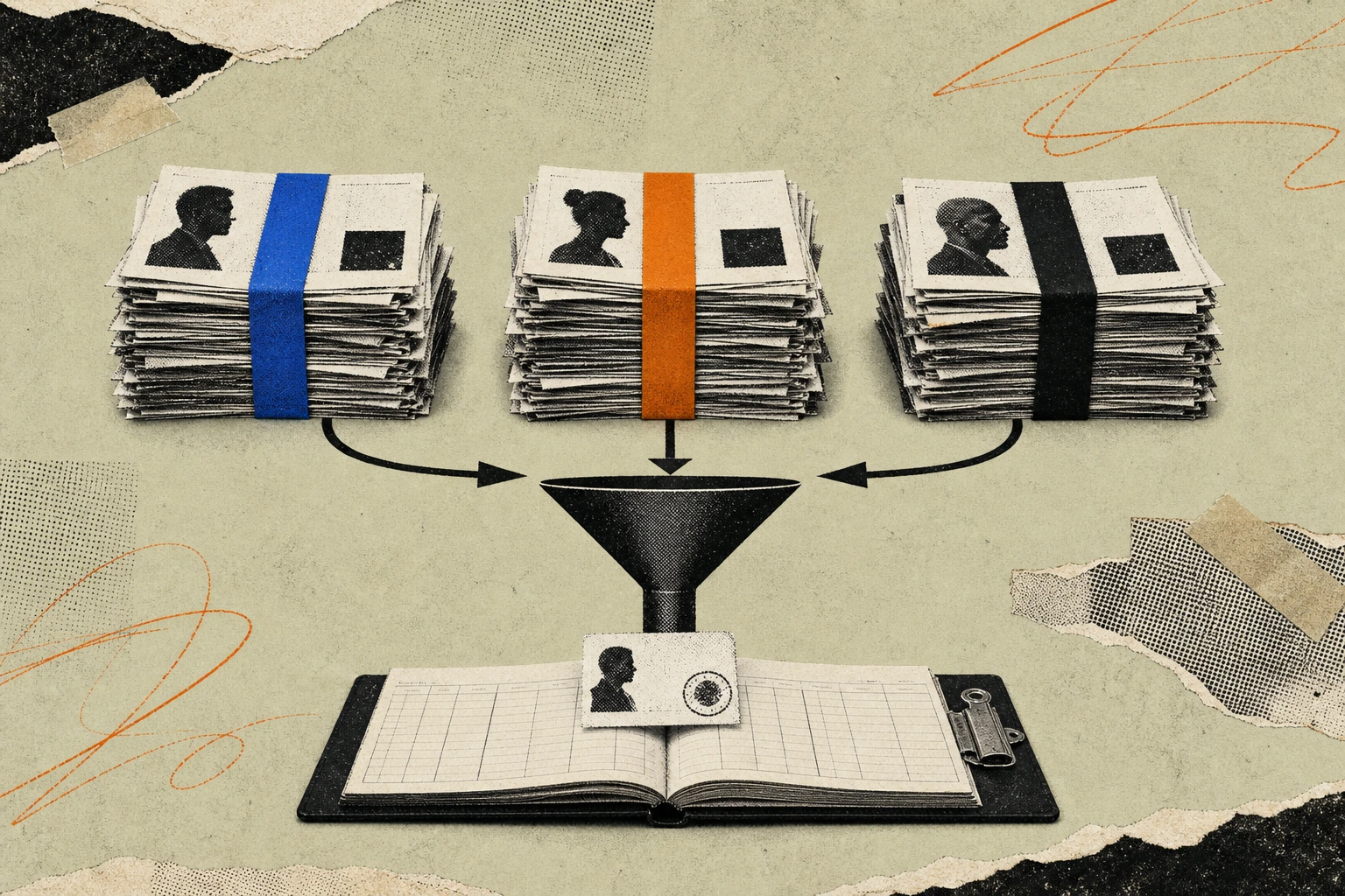 A row of three expert-call transcript stacks, each bound with a different colored compliance ribbon, feeding into a single funnel that emits one uniform citation slip , stamped with source, speaker, a