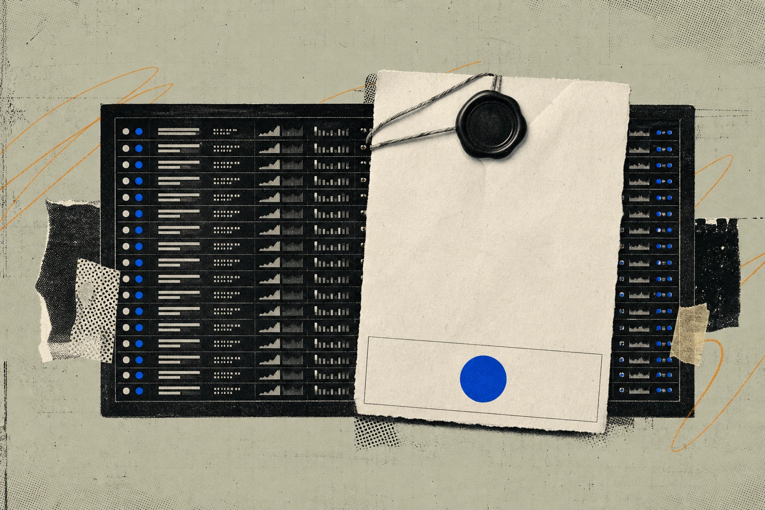 A Bloomberg-style terminal panel mid-frame displaying dozens of AI-generated call summaries in tight rows, while a single oversized, wax-sealed CDD report page rests on top of the screen , the report