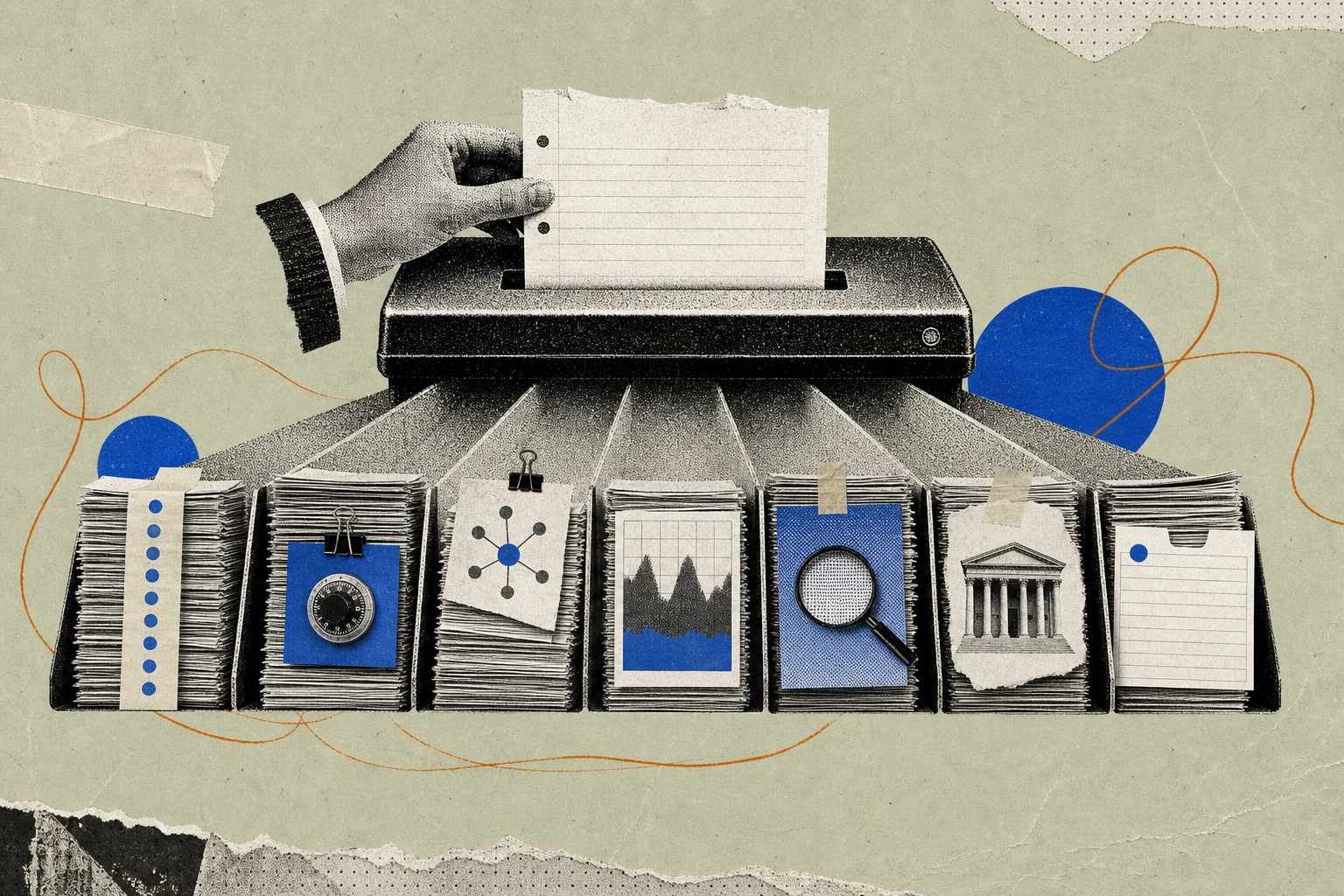 A transcript page fed into a paper shredder, but instead of ribbons the output is seven neatly-separated ranked stacks ,  one bound with a credit-back invoice strip, one tagged with an expert re-use di