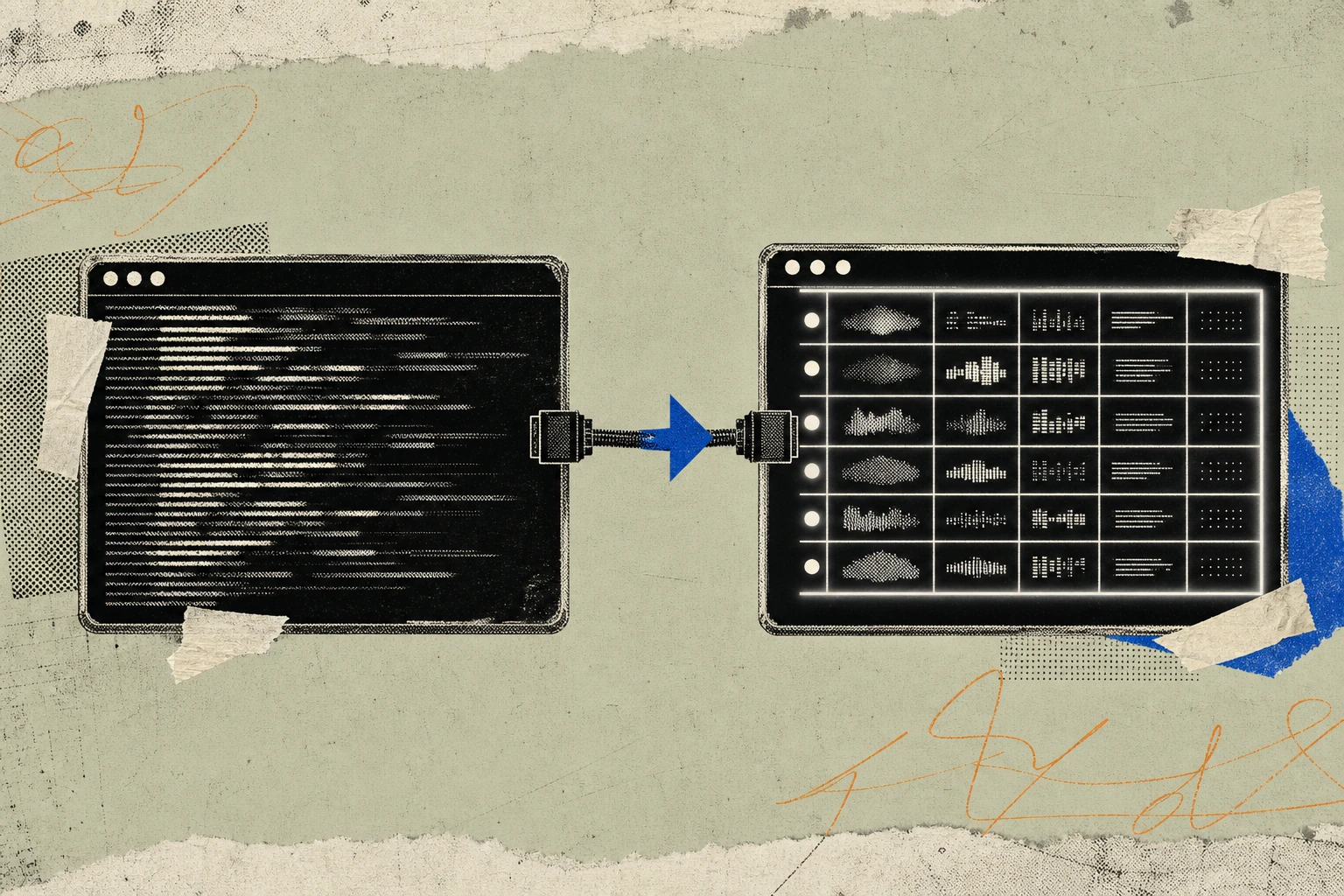 Two side-by-side terminal panels connected by one cable: the left shows dense raw transcript text scrolling past unread, while the right , glowing far brighter , displays a queryable matrix of embedde