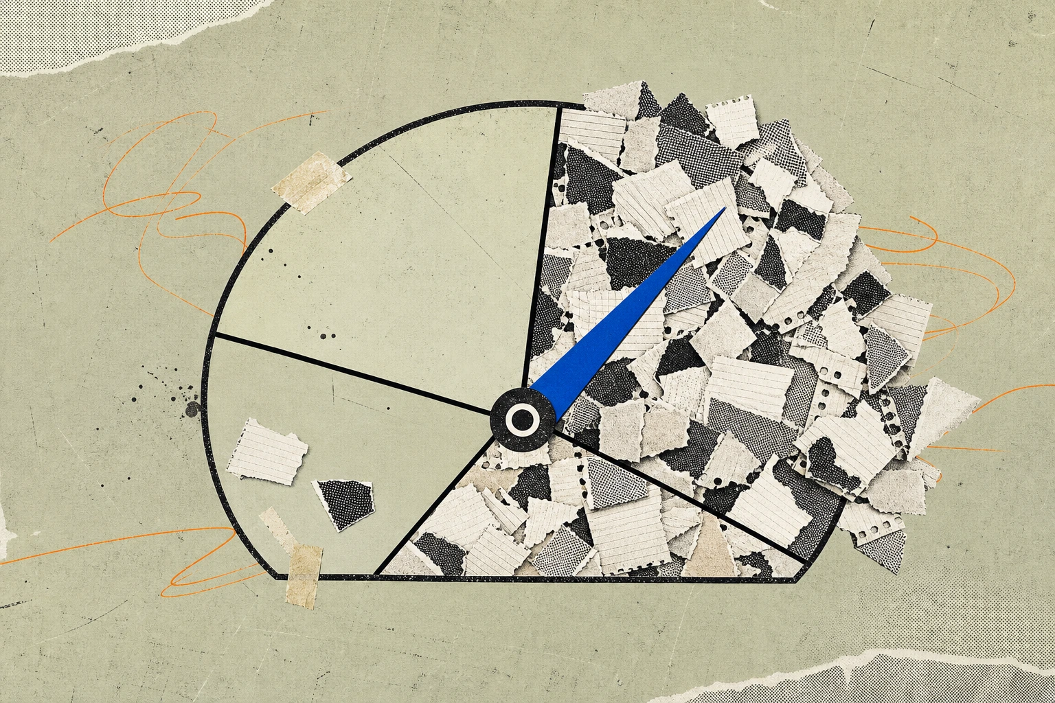 A single call-meter dial split into four unequal pie-wedge zones by hard black dividers, each wedge filled with a different density of transcript-page fragments , the sparsest wedge nearly empty, the