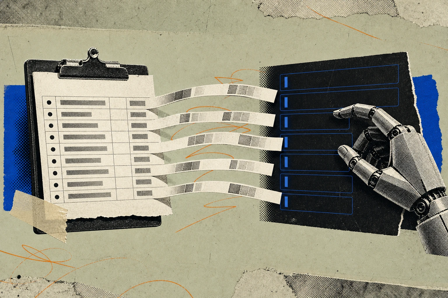 A billable-hours timesheet, its rows of consultant time entries lifting off the page one by one and rearranging mid-air into the blinking cursor prompts of an AI agent console.