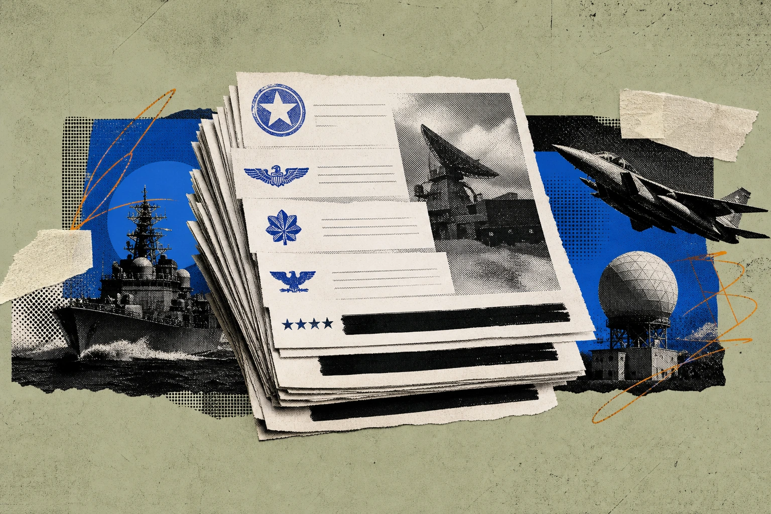 A tall stack of expert-commentary transcript pages, each header stamped with a military rank, with thick black redaction bars covering the footer line where the defence-industry advisory board affilia