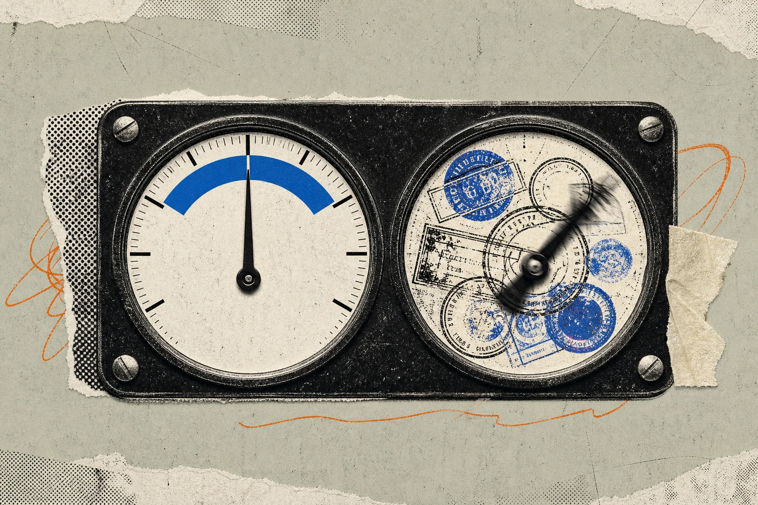 A single engagement meter with two dials side by side: the left dial a clean hourly gauge locked at a round number, the right dial a chaotic pass-through counter with its needle spinning past stacked 