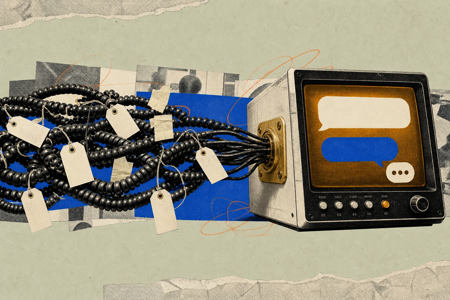 A tangle of analog telephone cords ,  each tagged with a dated GLG transcript label ,  feeding into a single brass port on the side of an amber-glowing terminal panel, the panel's screen displaying a co
