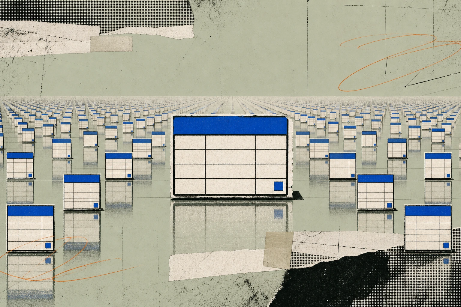 A single Excel-style spreadsheet cell pulled out of its grid and expanded into a vast mirrored room of identical cells stretching to the horizon, each one a synthetic rehearsal of the original ,  the f