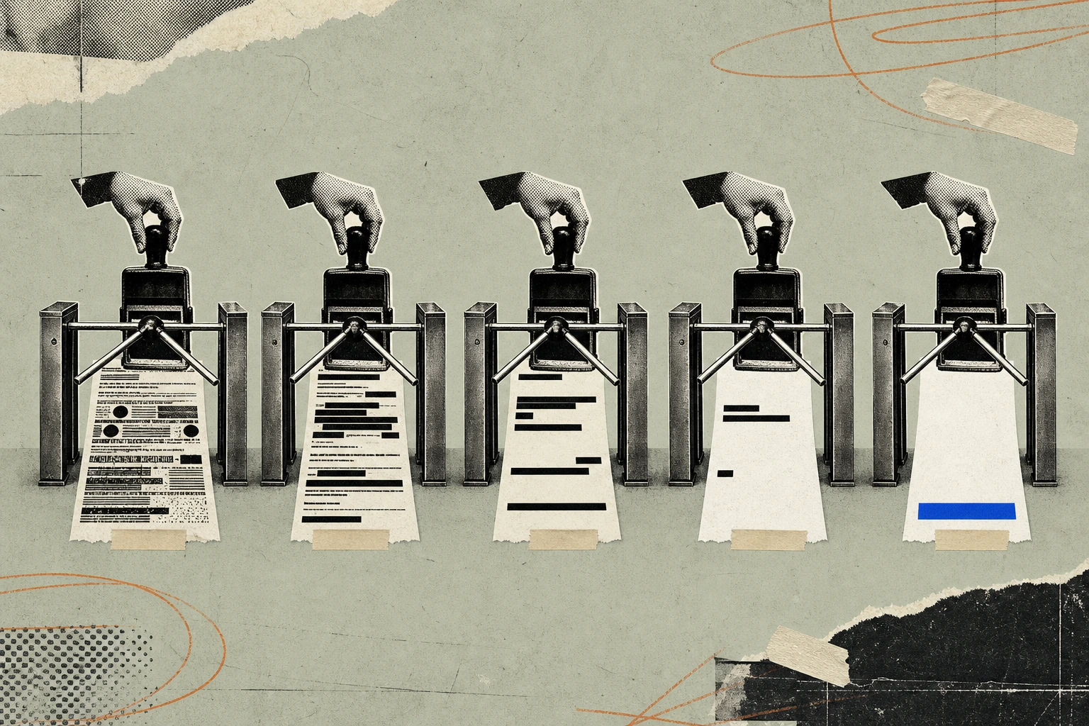 A row of five numbered compliance stamps arranged like turnstile gates across a transcript page, each one progressively redacting and clearing the document, with only the final stamp revealing a highl