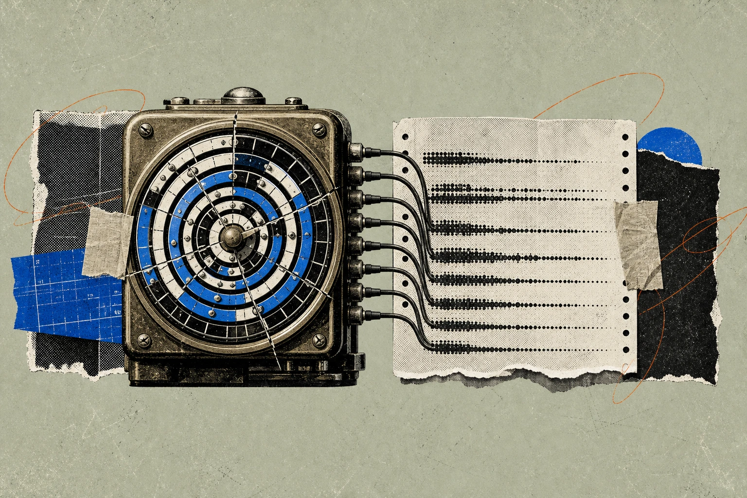 A single brass taxi-style call meter wired to a transcript page, its mechanical dial fractured into seven concentric rings ,  each ring ticking at a different speed and currency denomination ,  showing 