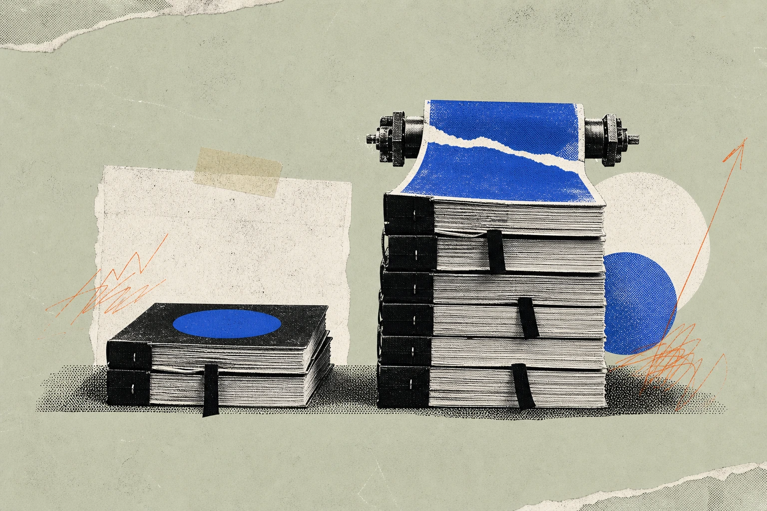 Two stacked pitchbook-style bound reports side by side ,  the shorter one labeled with a competitor's ticker of revenue, the taller one three times its height and still growing an extra bound section a