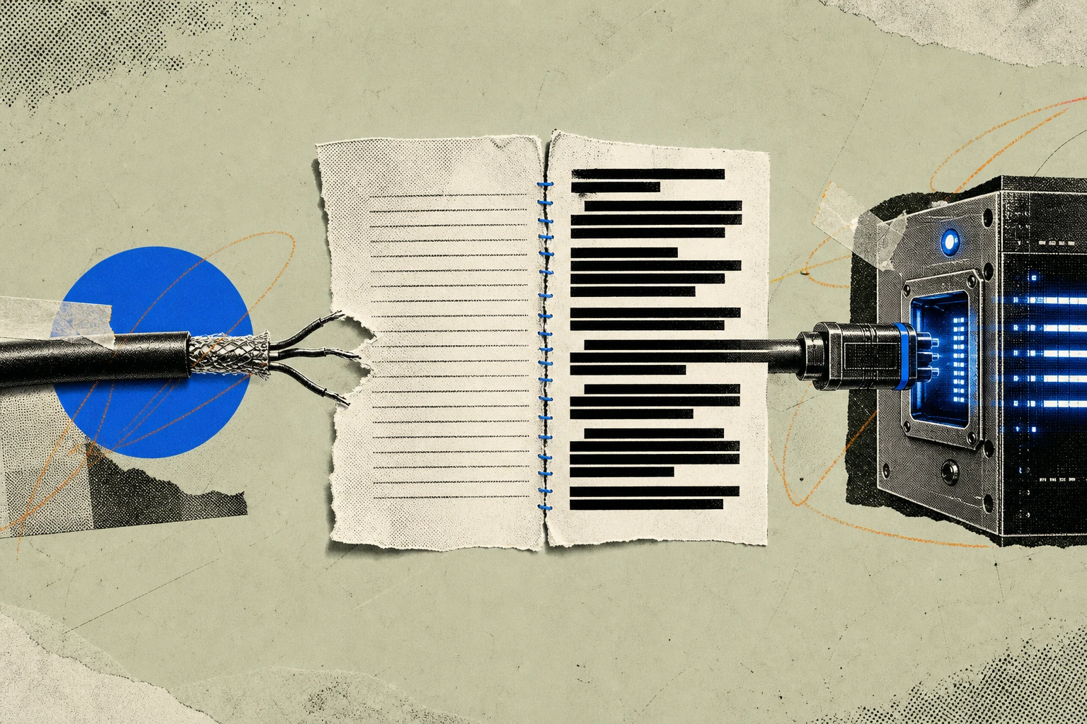 A transcript page split mid-fold: the left half raw and unmarked feeding into a snapped, dead cable, while the right half emerges pre-striped with neat redaction bars threading seamlessly into a live 
