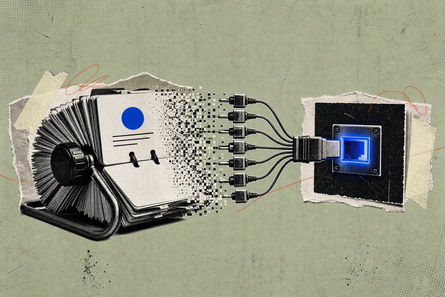 A rolodex of vendor business cards mid-rotation, each physical card at the front dissolving into a socket-and-plug connector node feeding into a single illuminated port labeled with a terminal-style c