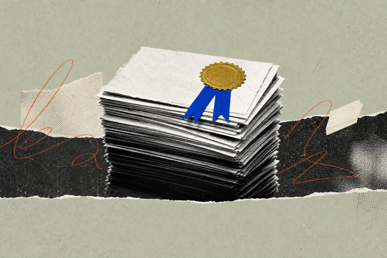 A tall stack of transcript pages bound with a formal ribbon seal, the topmost page bearing a single gold rosette, tapering downward into progressively unmarked pages , a shortlist emerging from a mass