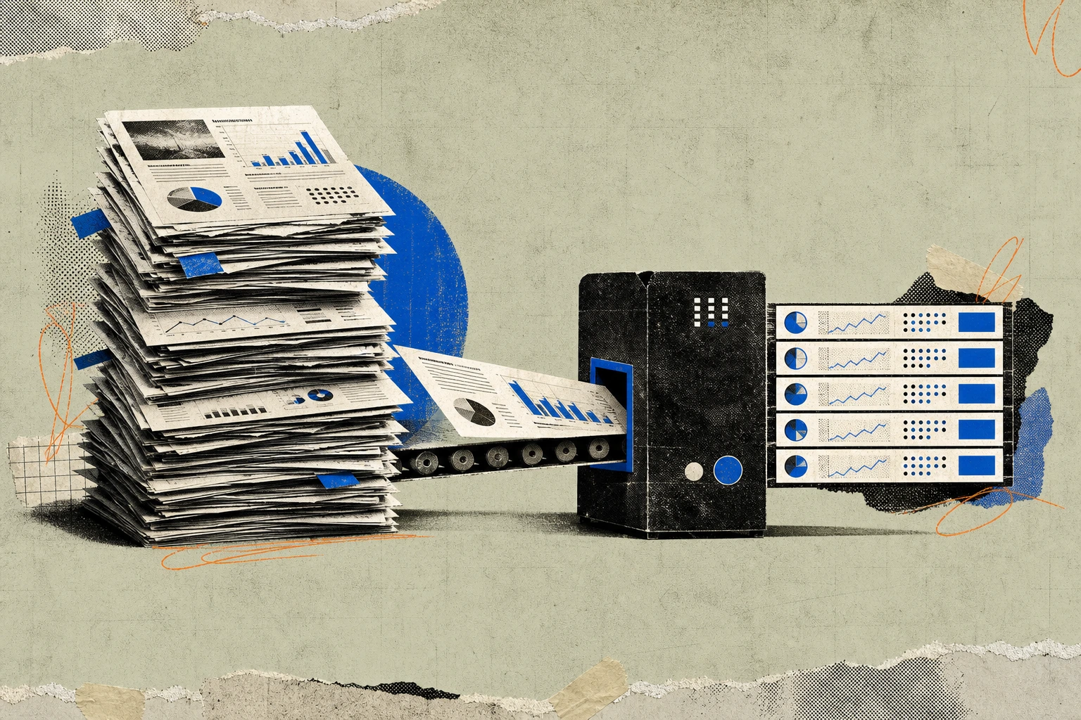 A towering stack of analyst research pages on the left, being fed one-by-one into a compact dashboard tile on the right where they re-emerge as neat rows of structured ticker readouts , the same intel