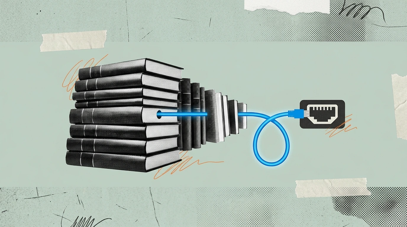 A tall stack of leather-bound analyst pitchbooks being threaded through by a single fiber-optic cable that loops out and plugs directly into a second, smaller terminal port labeled with a generic AI-m