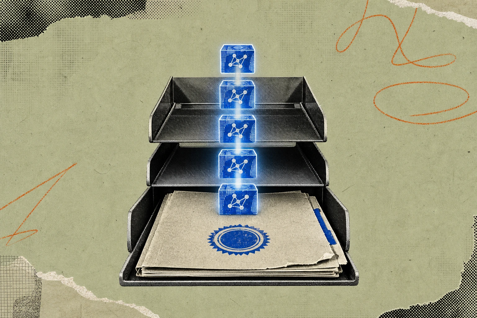 A compliance-stamped transcript folder sitting at the bottom of an RFP shortlist tray, while above it a glowing chain of timestamped log blocks , each etched with a hash , rises to the top of the stac